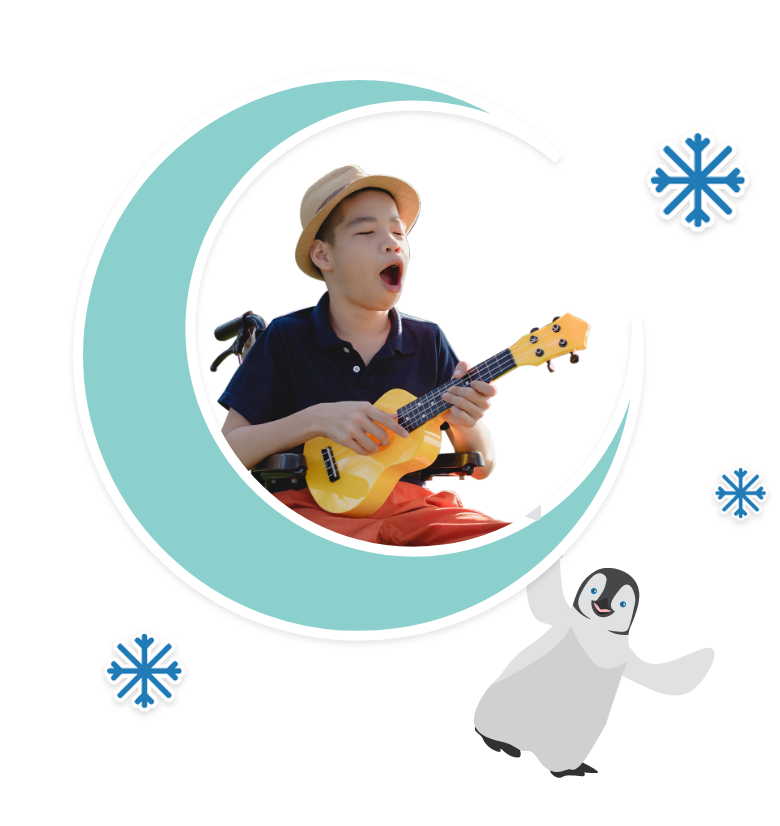 Small boy with ukulele in a moon graphic with a penguin