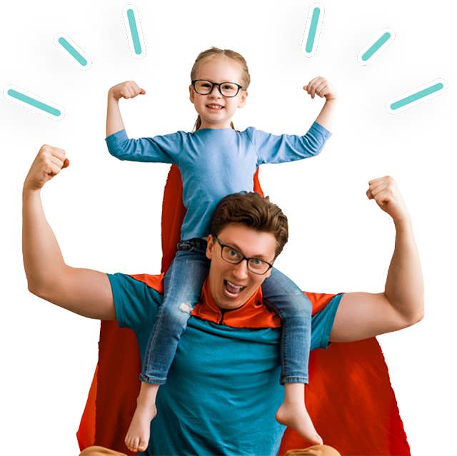 Father wearing a cape and flexing, while holding up his daughter on his shoulders.